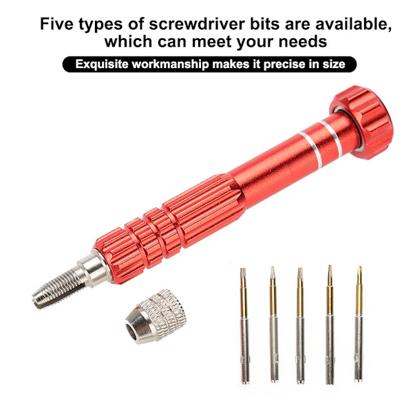 Screwdriver Handle with 5 Precision Bits Phone Glasses Watch Repair Tool Kit (Red)
