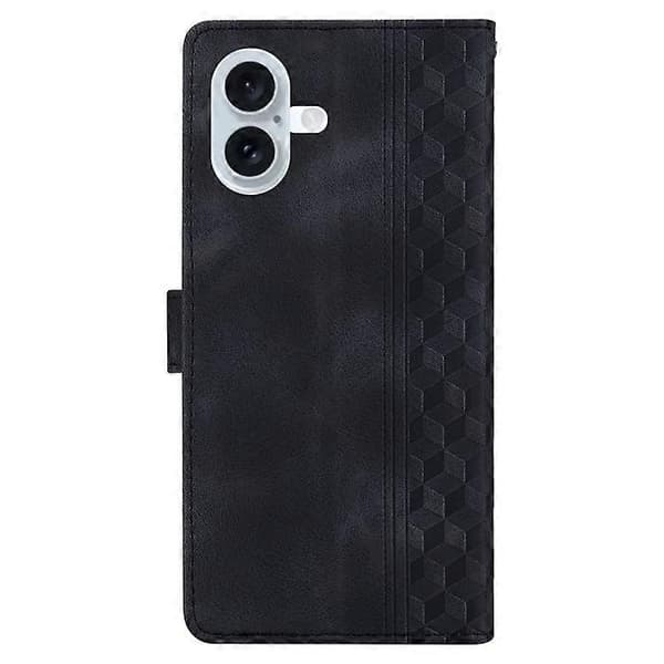Kompatibel med iPhone 16 Plus læderetui præget ternet pung etui med stativ og foldbart låg Black