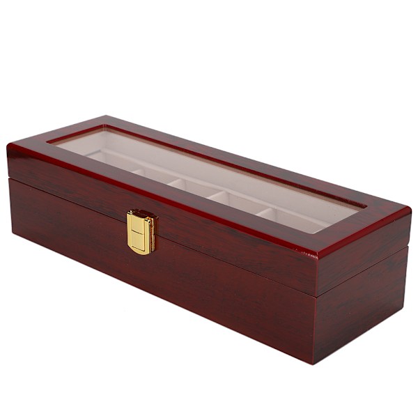 Trä 6 Grid Watch Display Box Transparent fönster Watch förvaringsbox (röd)