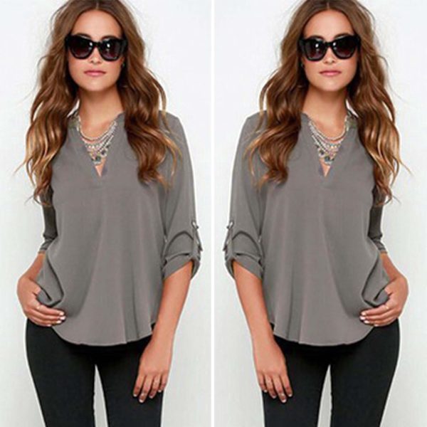 V-hals Chiffon Bluse Skjorte for Kvinner i Grå XL