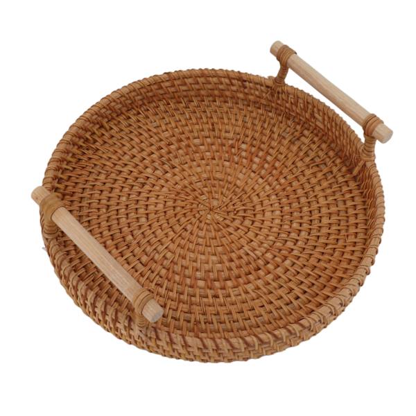Rattan Fruit Tray with Solid Wood Handle Exquisite Hand-Woven Round Serving Tray for Storage Display Bread Fruit M