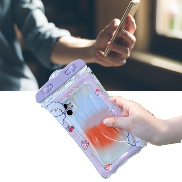 Vattentät telefonpåse tecknad söt känslig touch transparent telefonpåse med snöre för drifting simning dykning lila katt