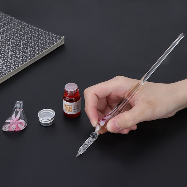 Retro Krystal Elegant Blomst Glas Dip Pen Signatur Blæk Reservoir Pen med Blækpenneholder Rosa