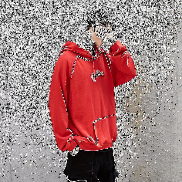 Smile Face Print Herr Långärmad Hoodie Pullover Topp - Röd