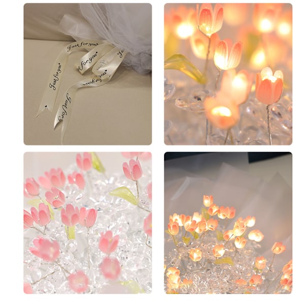Tulpan Lysande Bukett med Ljusslinga DIY Handarbete Vackra Tulpaner Konstgjorda Blommor för Flickvän Mamma 52 Blommor