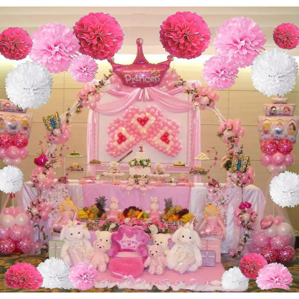 Paket med 18, rosa Pom Poms-blommor, dekorationspapperssats för fest