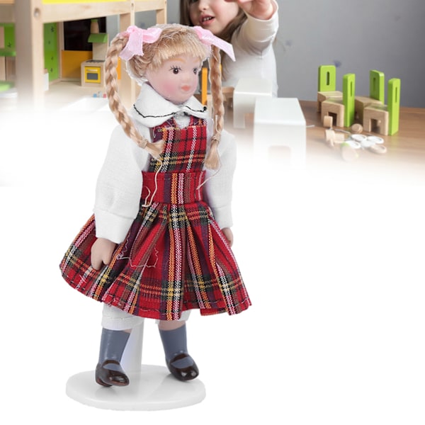 1:12 Nukkitalo Nukke Miniatyyri Posliini Pitkä Punottu Punainen Mekko Tyttö Mini Leikkikalu Nukke Malli Punainen