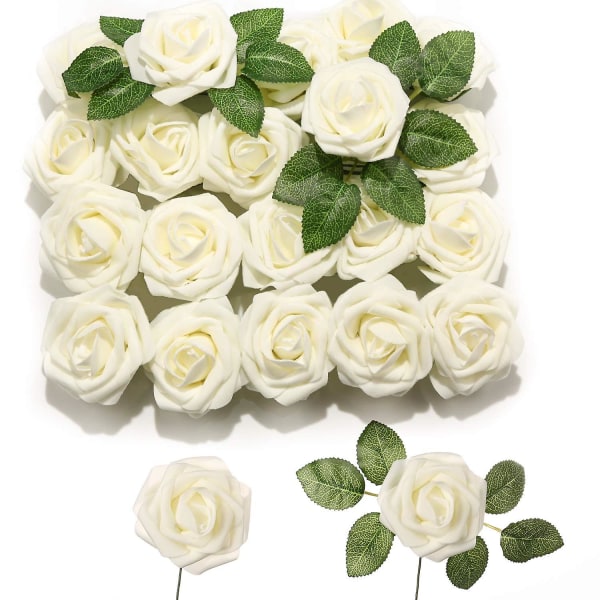 Kunstige blomster, 25 stk kunstige roser med stilker, falske blomster, skumblomster, roser kunstige blomster White