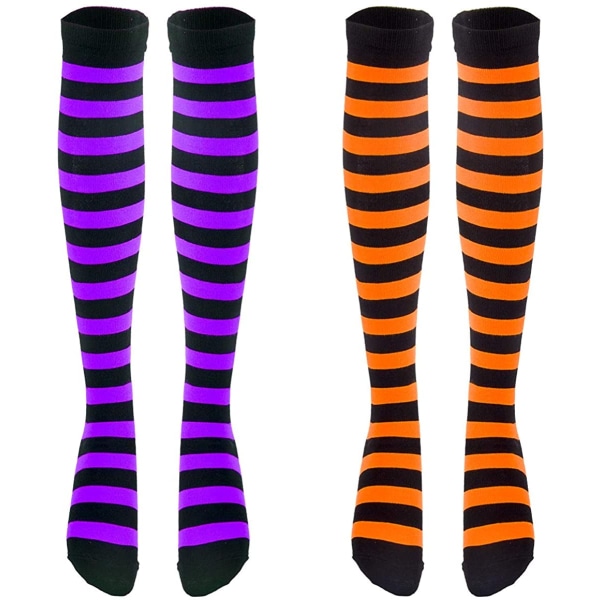 2 par långa svartrandiga strumpor över knä och lår hög strumpa för Halloween