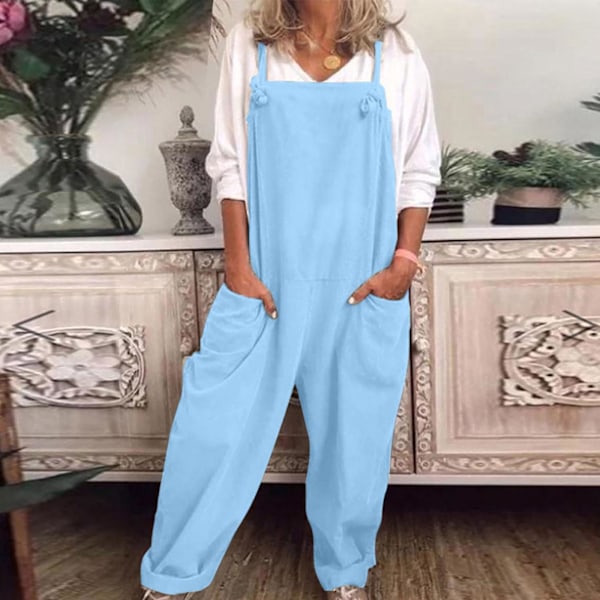 Afkastet Casual Lys Blå Bomuld og Hør Kvinders Løse Overalls Jumpsuit