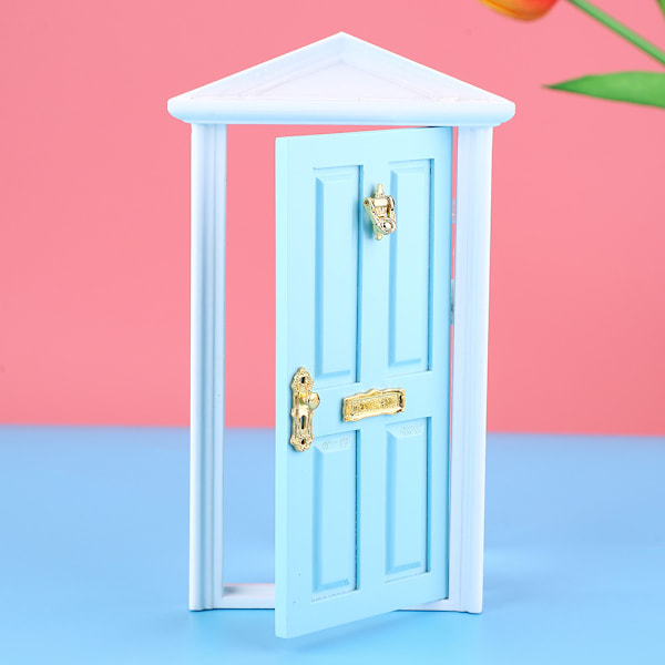 1:12 Dukkehust miniatyr trædør Børn sjov legetøjspresente dekoration (blå)