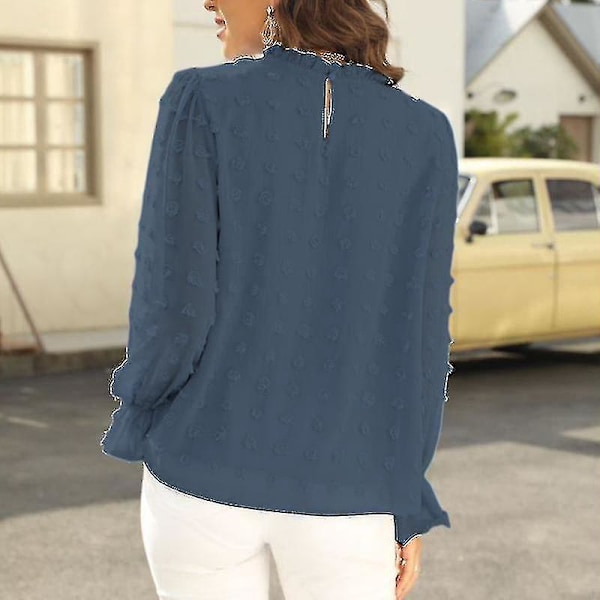 Blå Chiffon Bluse med Ruffet Hals, Lang Erme, Høst Casual Pullover - Dametopper