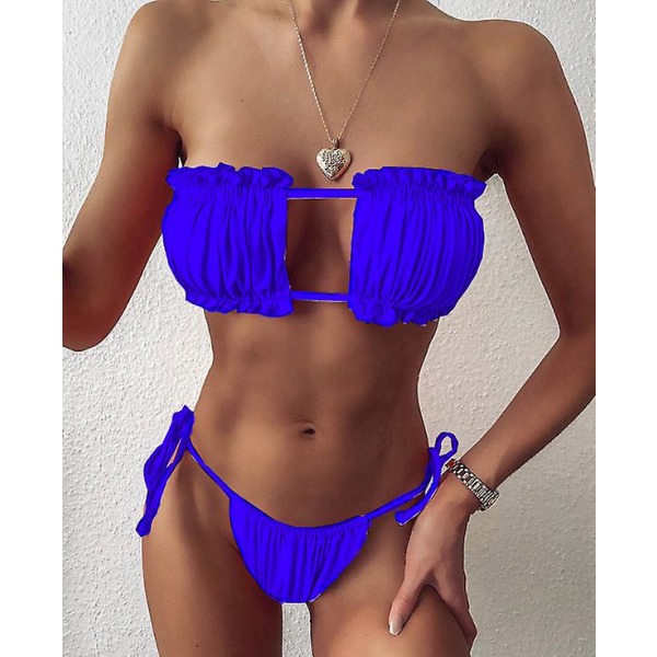 Sexig Bikini Plisserad Bandeau Baddräkt Dam Badkläder Kvinnor Mini Thong Bikini Set Simning Strandkläder Royal Blue M