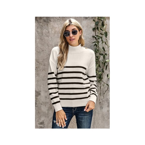 Hvid stribet rullekrave langærmet sweater med knapper Sweatere-Størrelse Value S