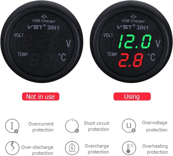 12-24V bilopladerstik med USB-port/voltmeter/termometer Kompatibel med biler (grøn + rød)