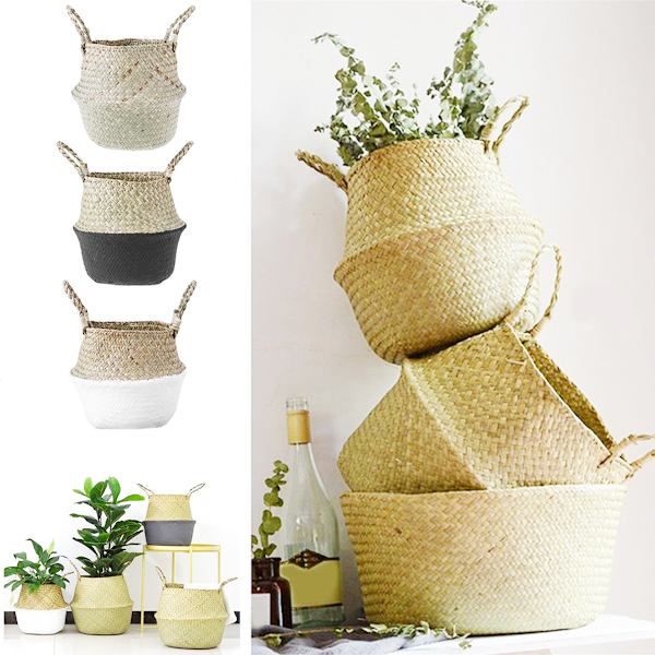 Foldbare Opbevaringskurve Vaskelinje Patchwork Hjem Seagrass Belly Have Blomsterpotte Kurv