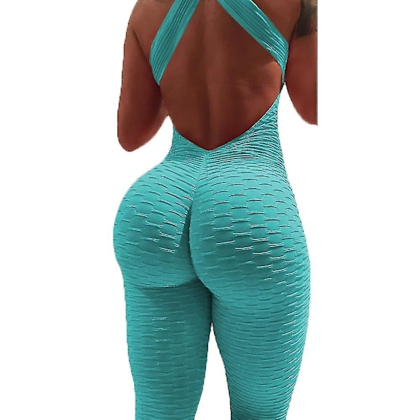 Yoga Fitness Scrunch Butt Krydsryg Bodysuit, Himmelblå, S-XL
