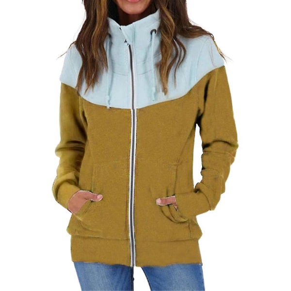 Kvinnor Colorblock High Neck Sweatshirt Långärmad Zip Up Casual Hoodie Toppar Plus Size yellow 2XL