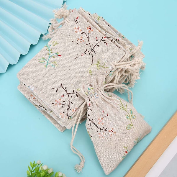 20 st Linne Dragsko påse Blommönster Multi Purpose Bag Presentförvaringspåse