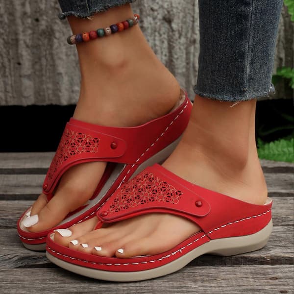 Kvinde Bløde Læder Flip-Flops Ensfarvede Sandaler Åbne Tåsko Til Udendørs Gåture Rejser Red 35