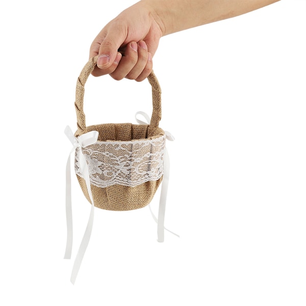 Lin og bomullsblomstjentekurv med blonder, hvit blomsterkurv for bryllup