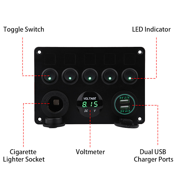 12-24V 5-Knap Vippestrømbryderpanel Dobbelt USB Voltmeter til Bilbåd Marin Lastbil Grøn LED