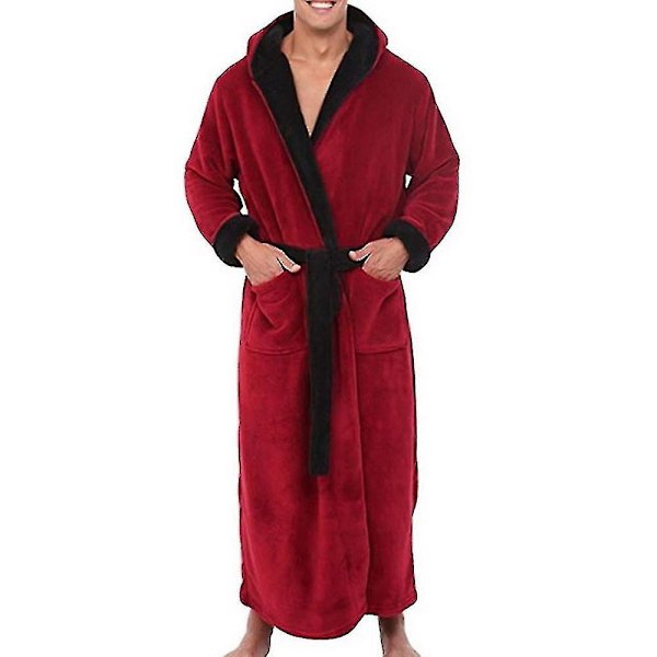 Vinter Menners Varmt Hettelue Badekåpe Dressing Gown Lang Frakk, Rød Svart, Størrelse M