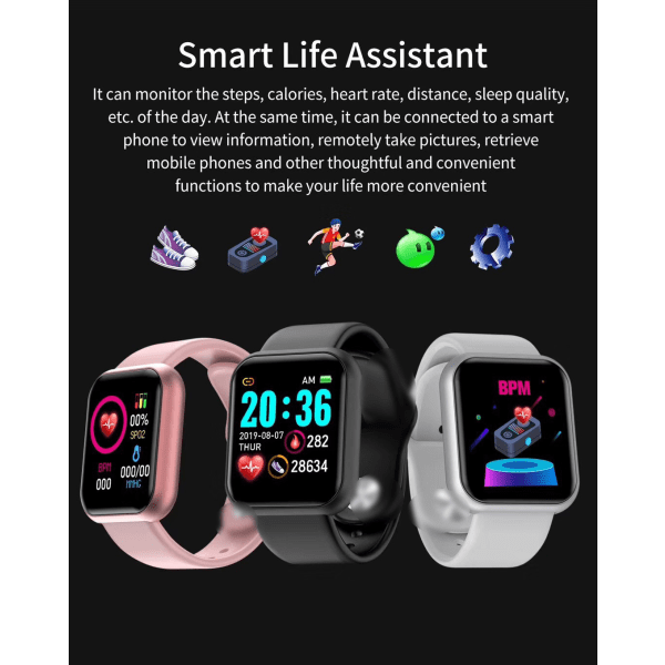 Y68 D20 1,44 tommer farveskærm Høj lysstyrke Puls Blodtryksmåler Steps Blood Oxygen Sports Smart Watch svart