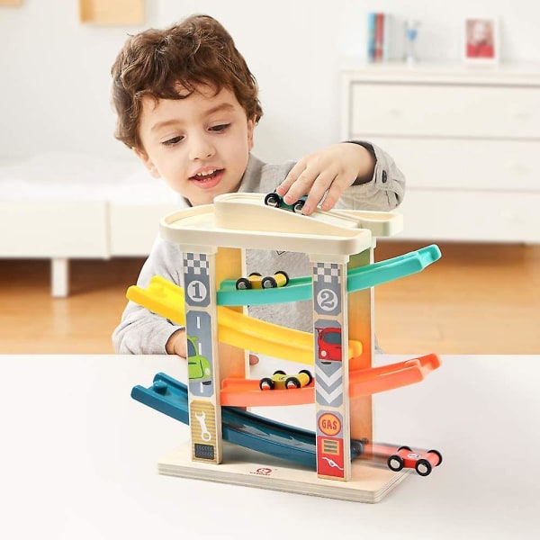 Wooden Marble Run Car Race Track med 4 biler for barn