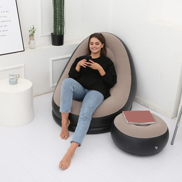 Uppblåsbar stol Fällbar flockande PVC Bekväm med fotpall Blow Up Lounge stol för utomhuscamping resor kaffe