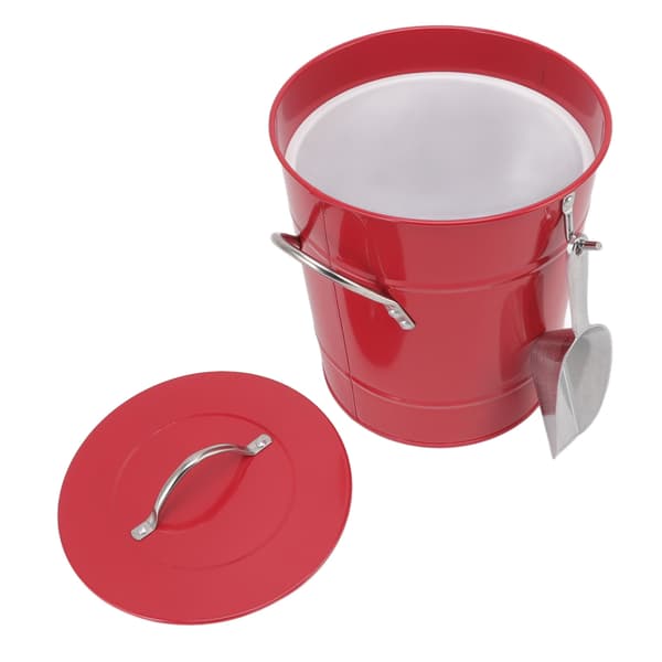 Round Ice Bucket with Ice Scoop Galvanized Sheet Plastic Beer Cooler Container for Bar Home Red