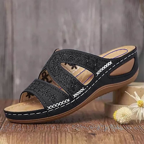 Ortopædiske Kvinders Lave Kile-Slippers Sorte Sandaler