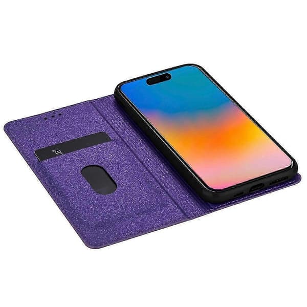 Cover til iPhone 16 Plus, glitrende PU-læder + TPU med kortholder - Rosa Purple