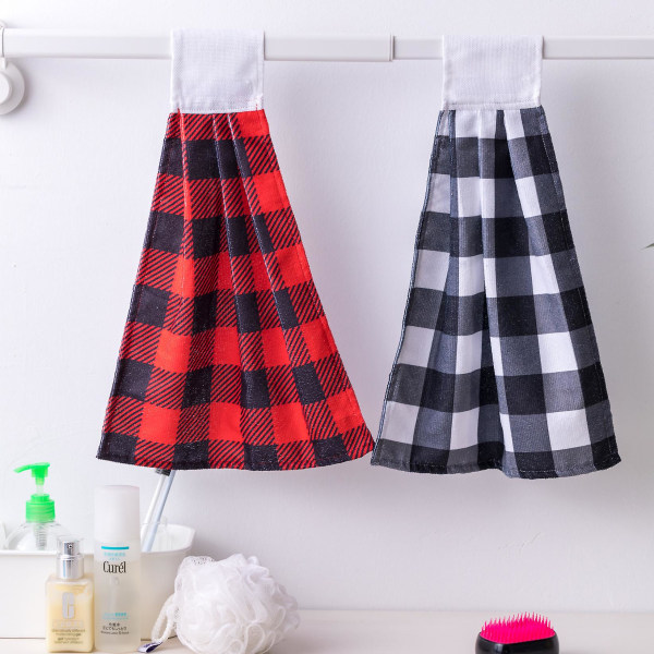 2 stk Check Plaid køkkenhåndklæde Absorberende hængende bindehåndklæder med løkke til badeværelse