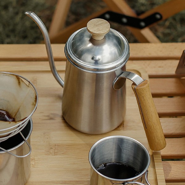 Hæld over kaffekande rustfrit stål svanehals komfur te vandkoger til dryp kaffe te dryp vandkoger med ergonomisk træhåndtag