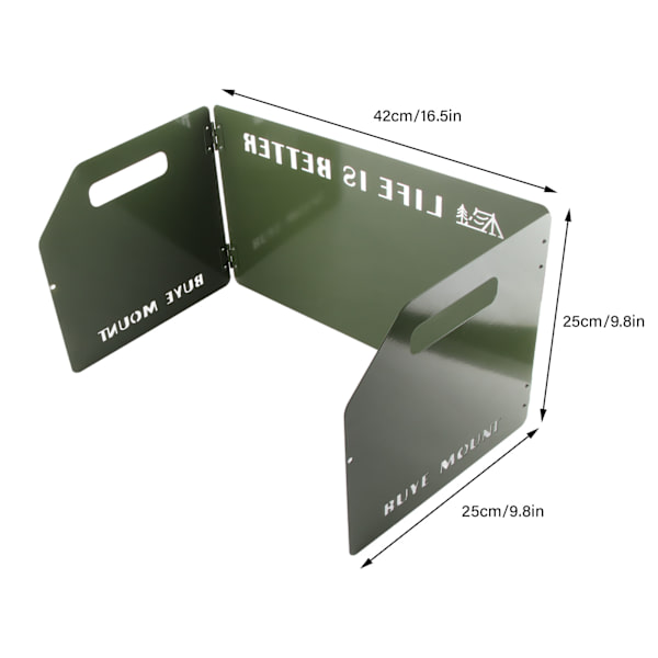 Camping Spis Vindruta Utomhus Vikbar Bärbar Metal Kamin Vindruta Wind Blocker Tri-vikt Army Green