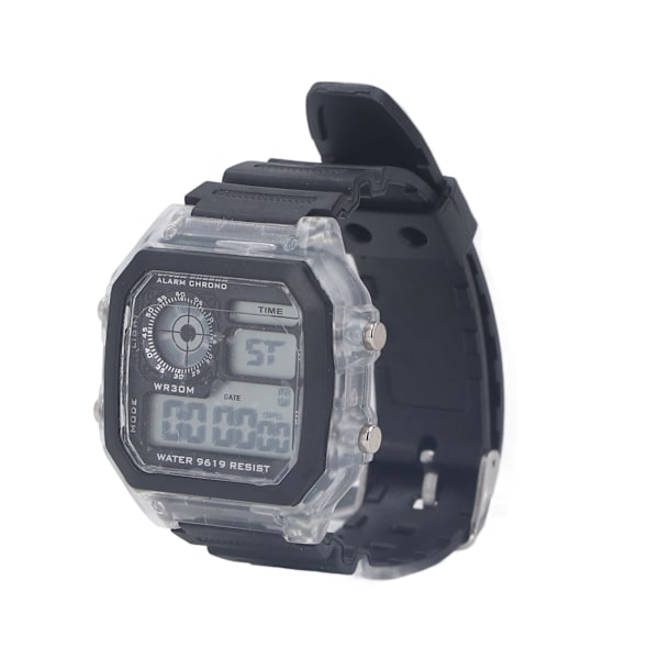 Elektronisk sportsur 12/24 timer vandtæt digitalt armbåndsur med lysende alarmfunktion Transparent
