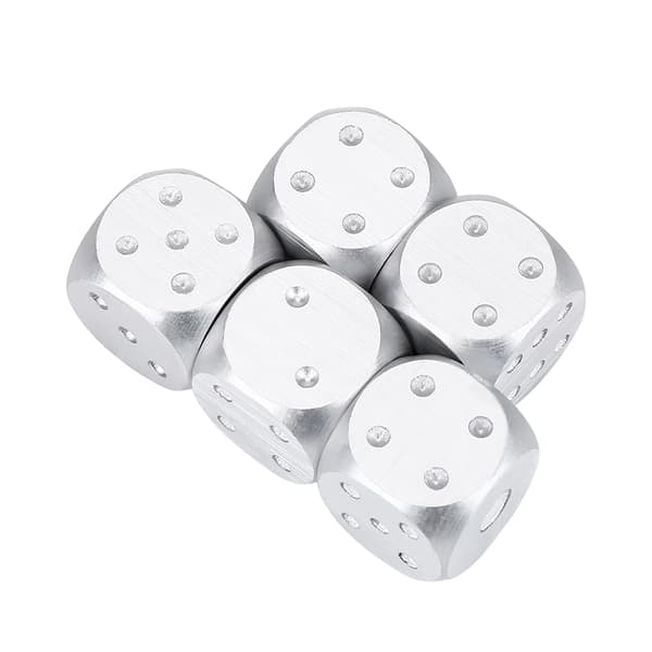 5 stk aluminiumslegering terninger sett for brettspill poker med oppbevaringsboks (sølv rektangulær boks)