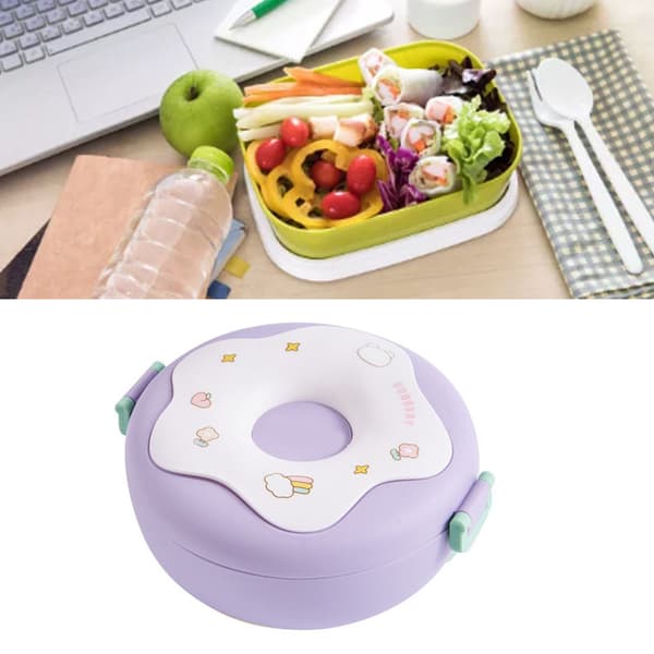 Bento Bowl Donut Shape Heatable with Lid Fork Spoon Plastic Lunch Container for Office School Purple