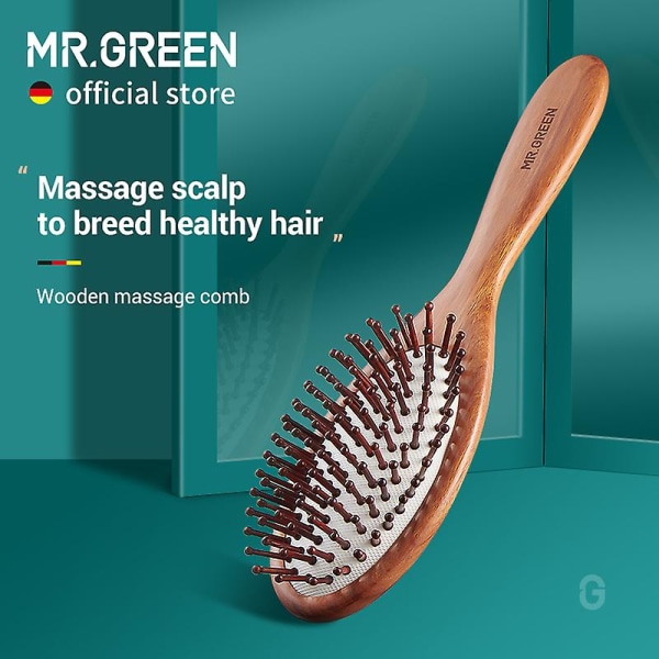 Grönt hårborste Natur Trä Antistatisk Detangle Borste Hår Hårmassage Kam Luftkudde Styling Verktyg För Kvinnor Män Green