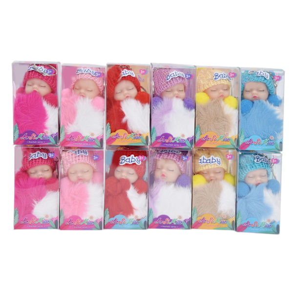 12 stk Sovende Baby Dukke Nøglering Pels Fluffy Nøgleringe til Fødselsdagsgaver Julegaver