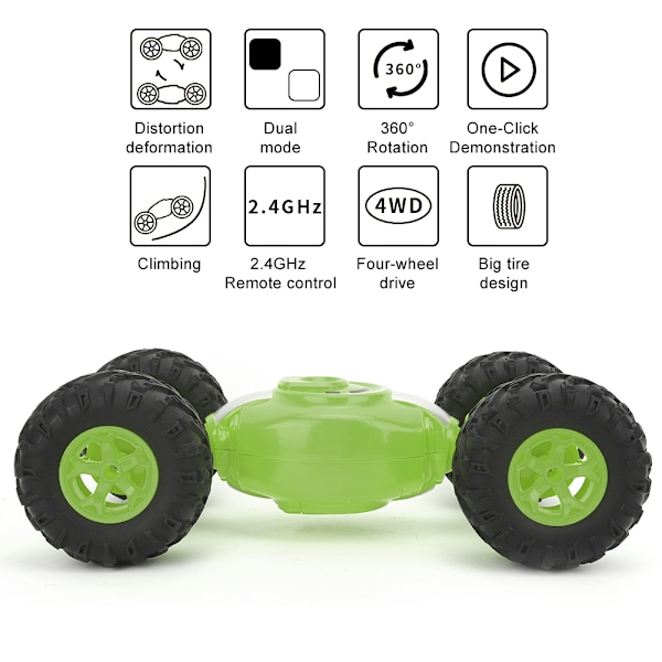 1:12 Stuntbil Dobbeltsidet Firehjulstræk Deformation Fjernstyret Crawler Model Grøn