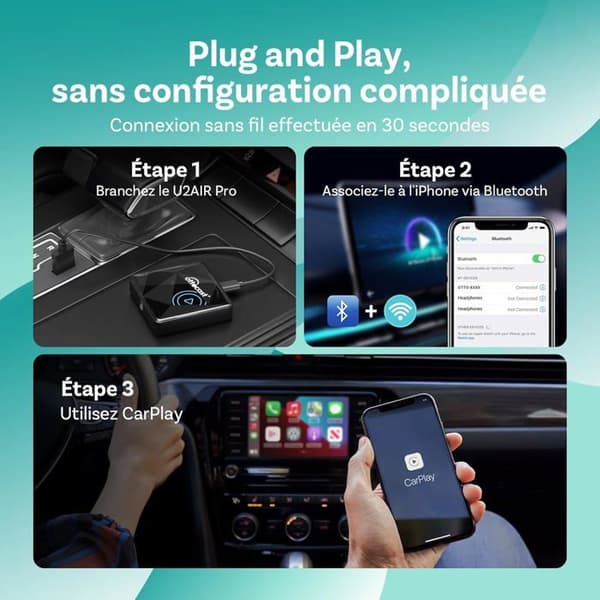 Trådløs CarPlay-adapter - OTTOCAST - U2Air Pro - Bluetooth 5.0 - Kompatibel med iOS 11+ - Nem installation