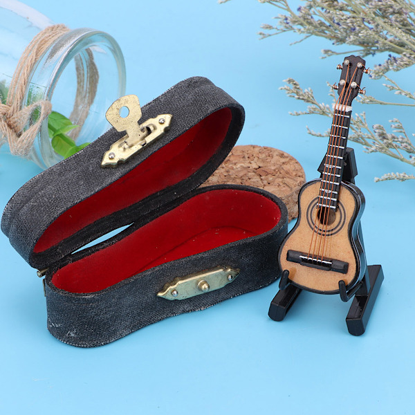 1：12 Mini träinstrumentgitarr med läderlåda modellsimuleringstillbehör för dockhus