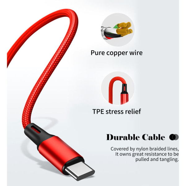 3-i-1 ladeledning Nylonflettet universal USB-ladeledning kompatibel med i-Product/Type-C/Micro USB-enheter, rød, modell: rød