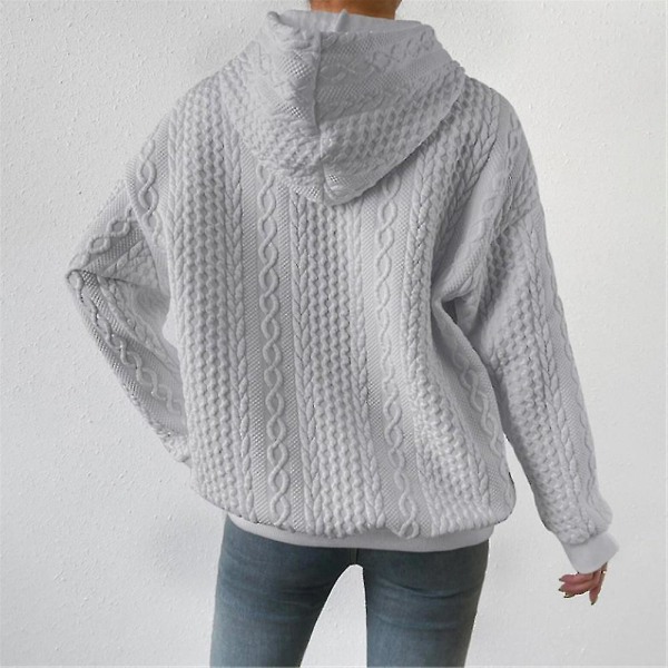 Trendy Dame Kabelstrik Hættetrøjer Sweater Casual Løs Langærmet Hættetrøje Sweatshirt Toppe Pullover grey XL