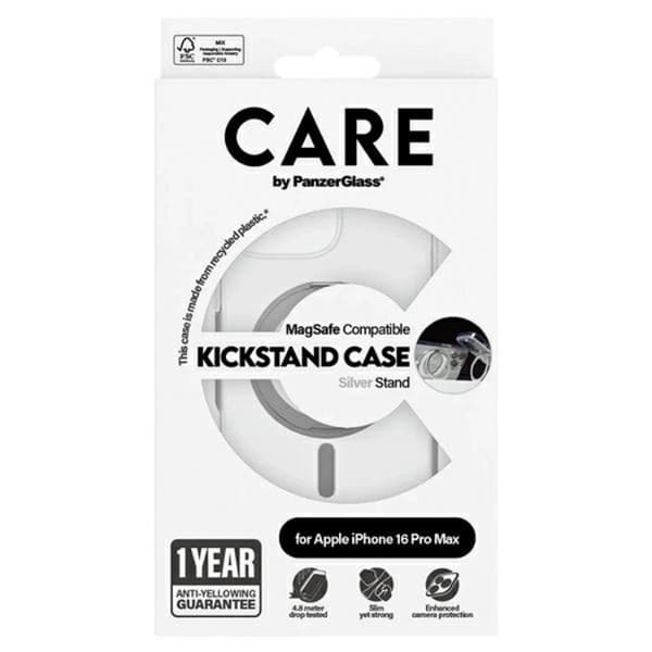 CARE By PanzerGlass Mobildeksel til Kompatibel med iPhone 16 Pro Max MagSafe Stativ - Sølv[LD] Transparent Termoplastisk polyuretan (TPU)