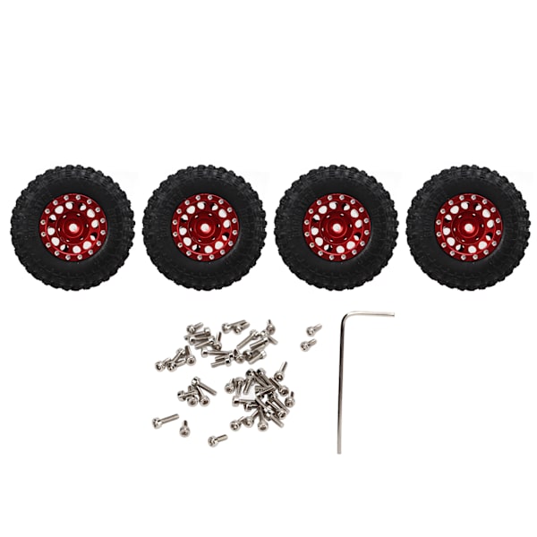 4 stk RC dæk og hjul sæt aluminiumslegeringsfælge nav gummidæk til TRAXXAS 1/18 til Axial SCX24 1/24 RC bil rød