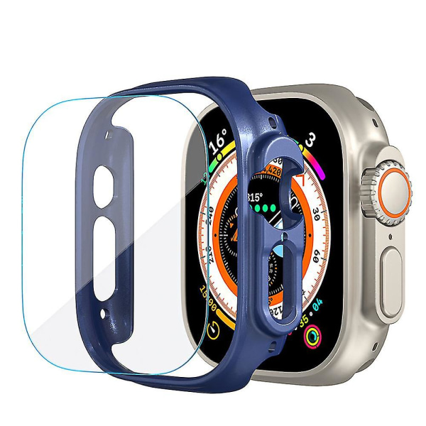 För Apple Watch 8 Ultra case, skyddsfilm i härdat glas och hårda stötfångare blue 2pcs