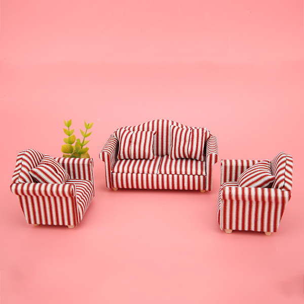 1:12 Mini Dukkehus Dekorasjon Oransje Rød Gull Stripete 3-delt Sofa med 4 Puter